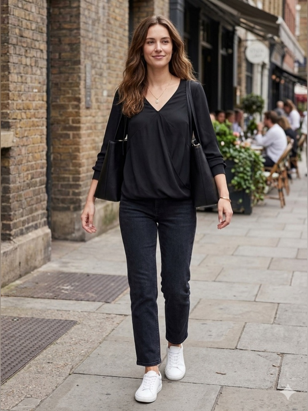***Ro & De Black V-Neck Long Sleeve Faux-Wrap Blouse - Picture 1 of 8